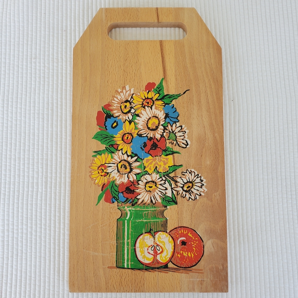 Floral Cutting Board Hand Painted 14"x7.5" Vintage Cottagecore Flowers Daisies